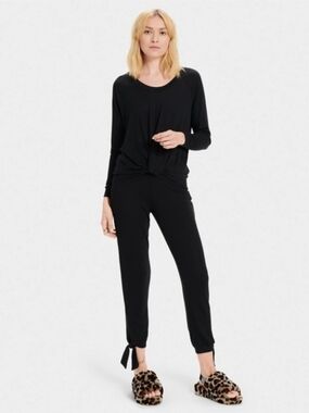 UGG Fallon Pajama Pants Womens Large Black Ties at Ankle Pull On Elastic Waist
